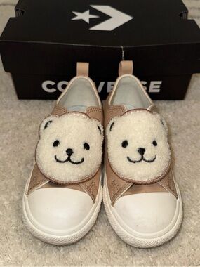 Converse Kids Tan Slip-On Sneakers with Cream Bear Appliqués